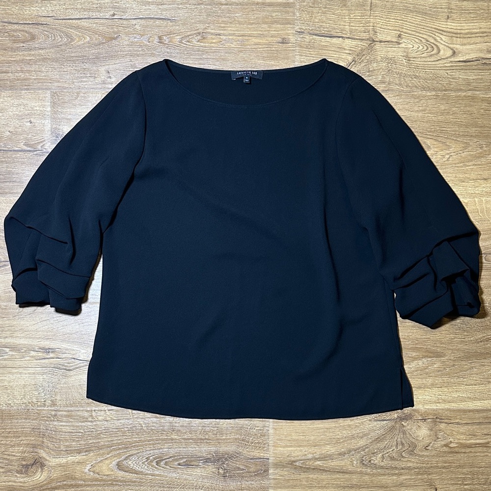 Lafayette 148 New York Black Blouse with 3/4 Tiered Ruffle Sleeves Medium